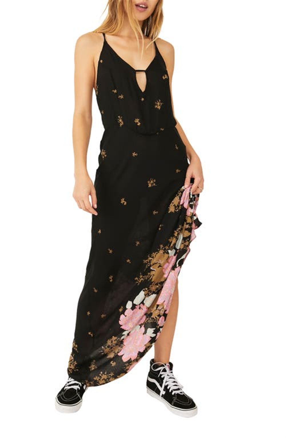 Vestido longo floral Get To You da Free People para mulheres, preto, tamanho médio