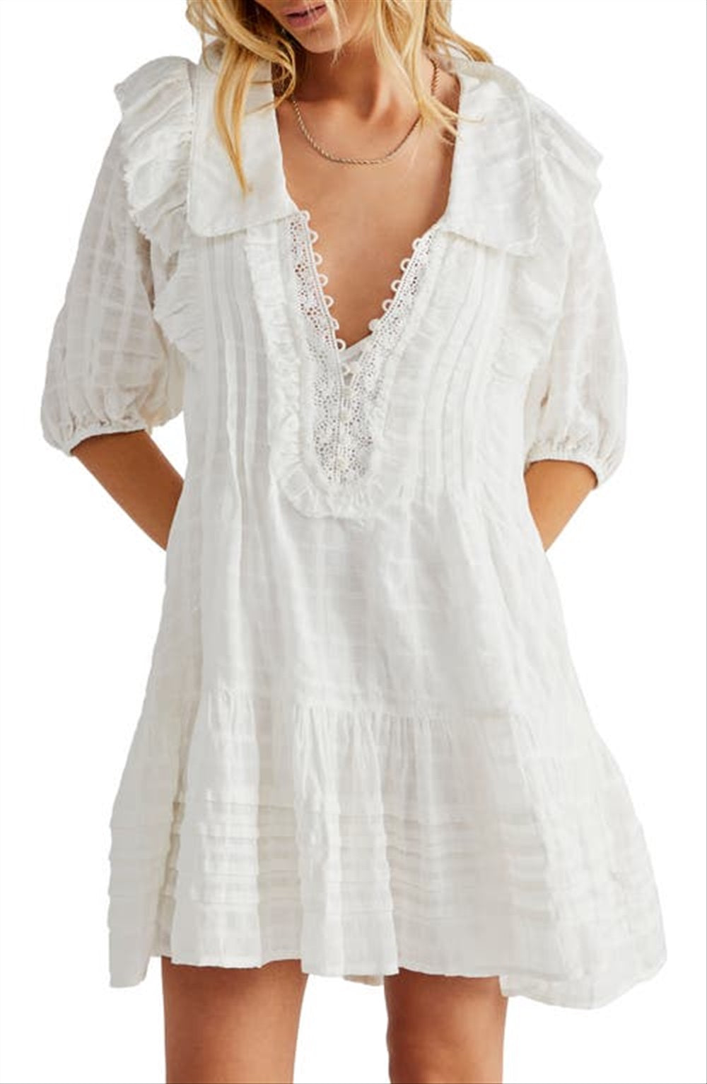 Vestido curto xadrez Elora Tonal Windowpane da Free People para mulheres, tamanho pequeno, branco
