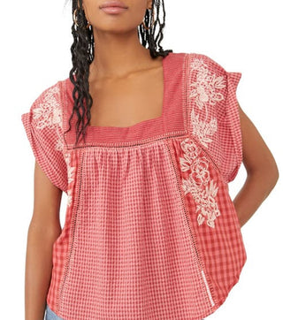 Camisa xadrez xadrez xadrez meia-lua feminina Free People vermelha tamanho grande