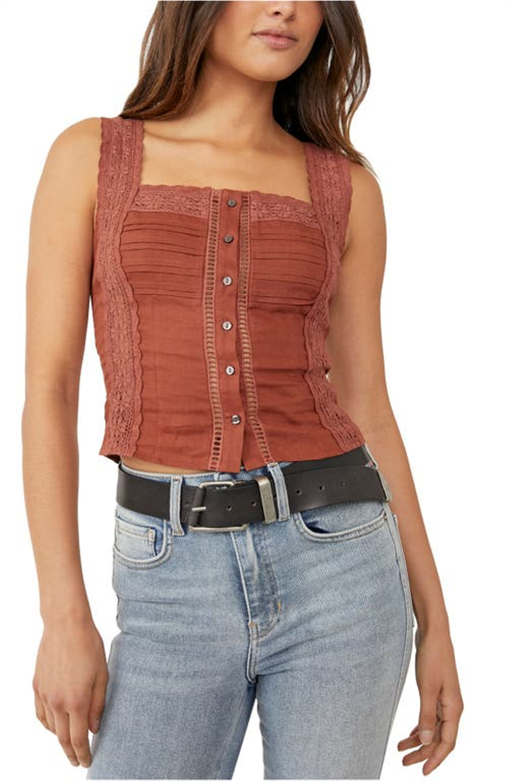 Regata Maggie Lace Feminina Free People em Casca de Coco Marrom Tamanho Grande