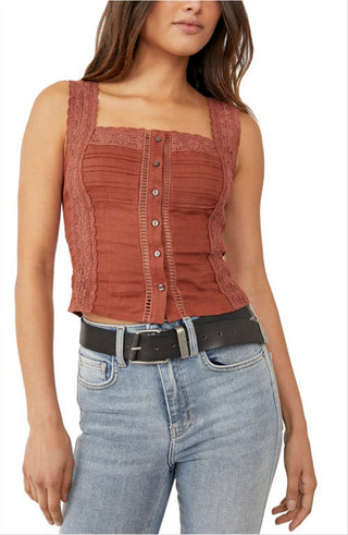 Regata Maggie Lace Feminina Free People em Casca de Coco Marrom Tamanho Grande