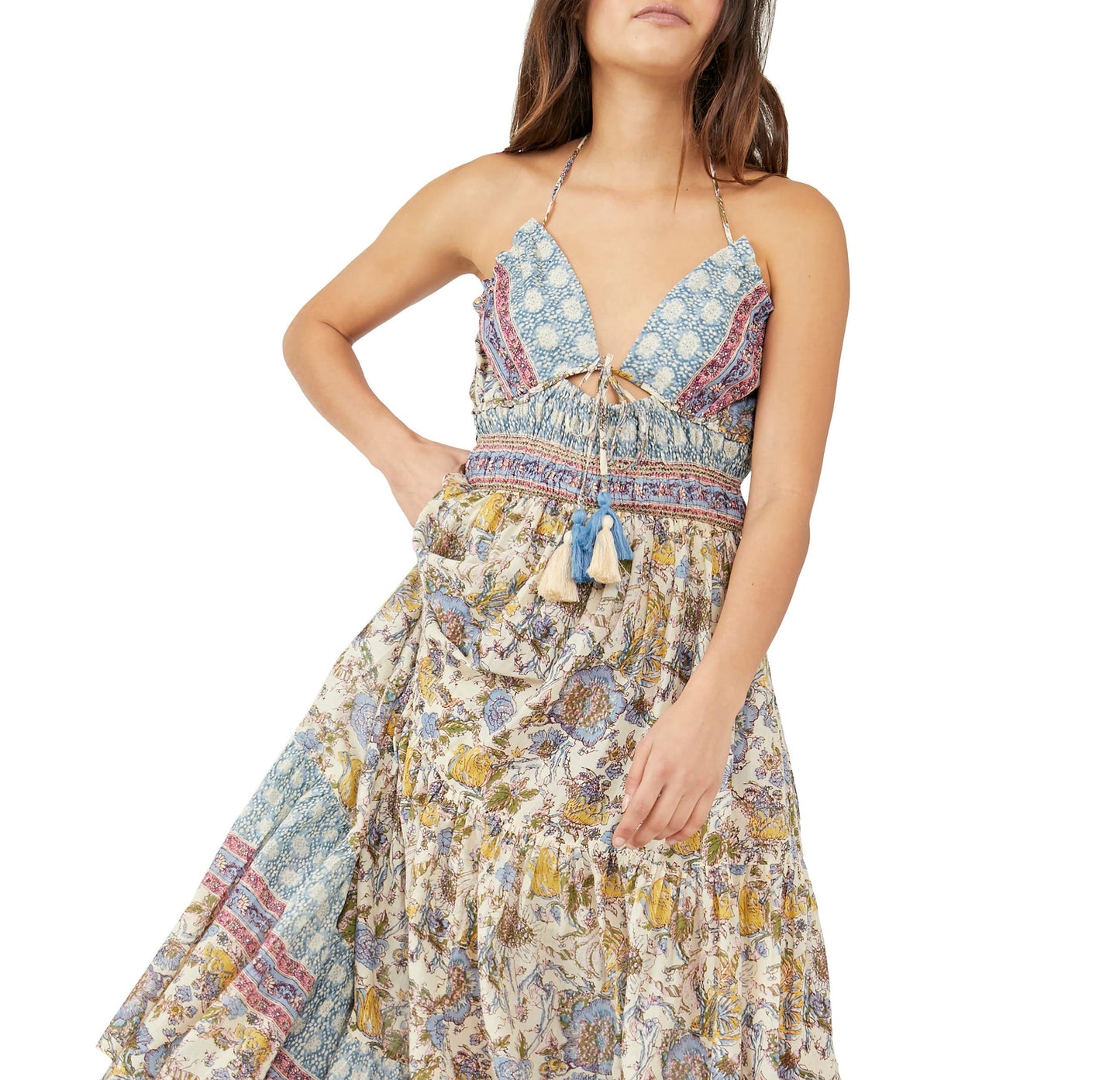 Vestido longo estampado Real Love da Free People para mulheres, cinza, tamanho grande