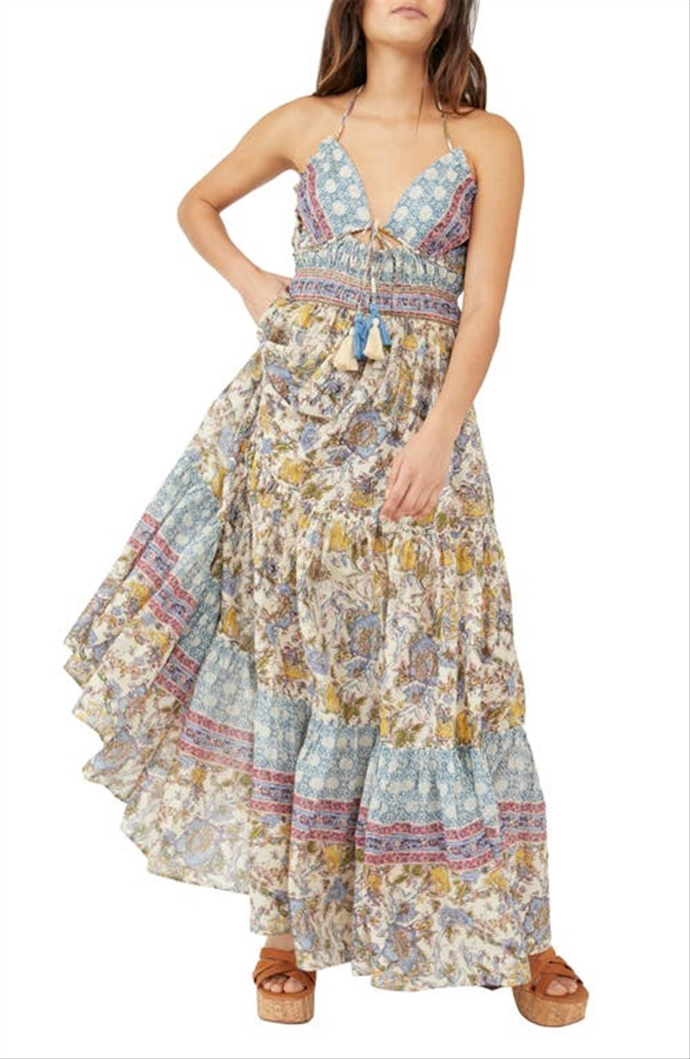 Vestido longo estampado Real Love da Free People para mulheres, marrom, tamanho extragrande