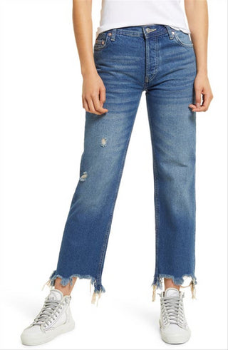 Calça jeans feminina Maggie com perna reta e tornozelo rasgado, azul, tamanho 28