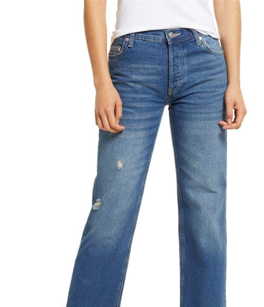 Calça jeans feminina Maggie com perna reta e tornozelo rasgado, azul, tamanho 28