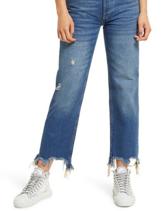 Calça jeans feminina Maggie com perna reta e tornozelo rasgado, azul, tamanho 28