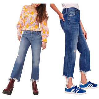 Calça jeans feminina Maggie com perna reta e tornozelo rasgado, azul, tamanho 30