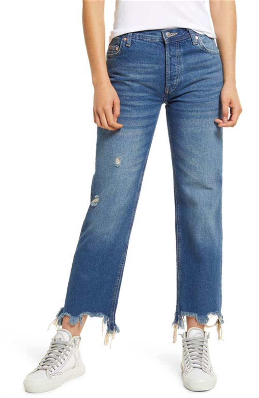 Calça jeans feminina Maggie com perna reta e tornozelo rasgado, azul, tamanho 30