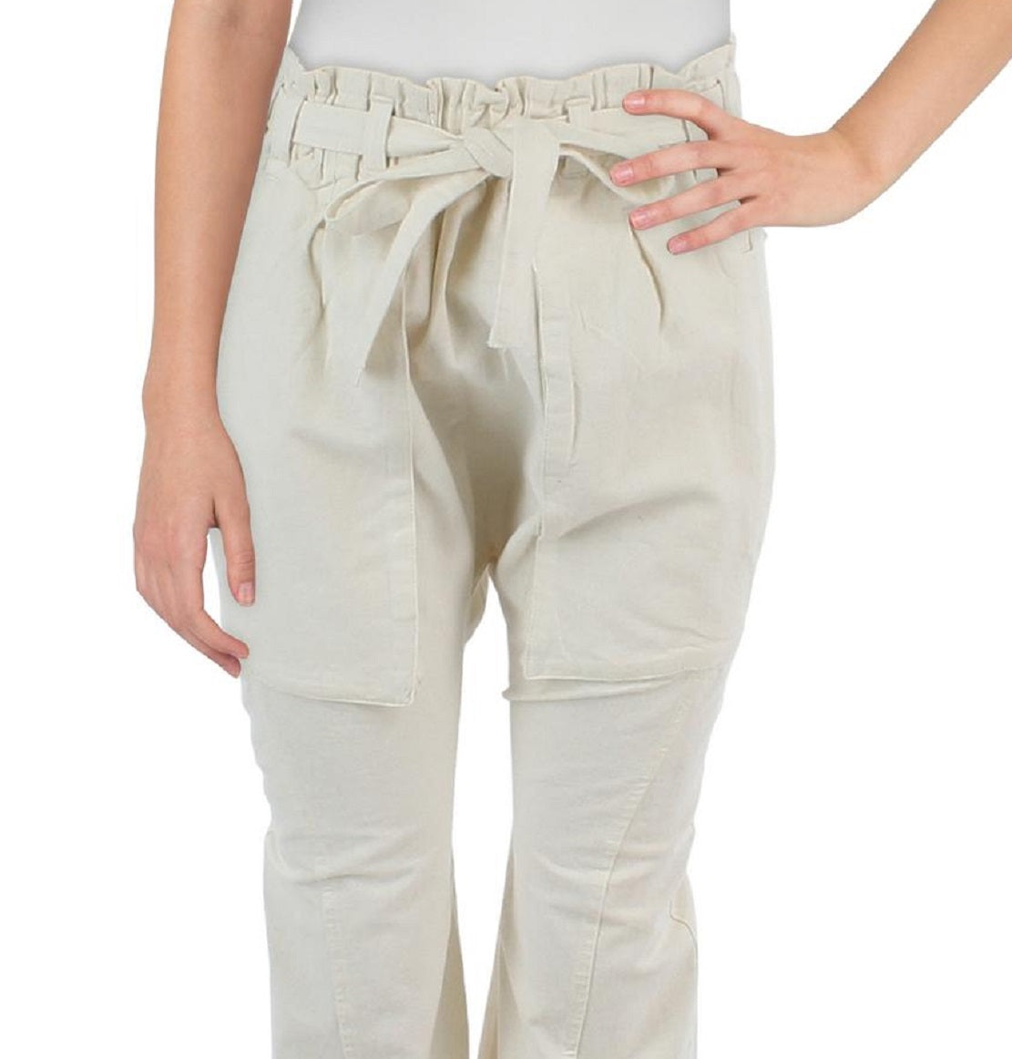 Calça feminina Sky Rider com perna reta Paperbag, branca, tamanho grande