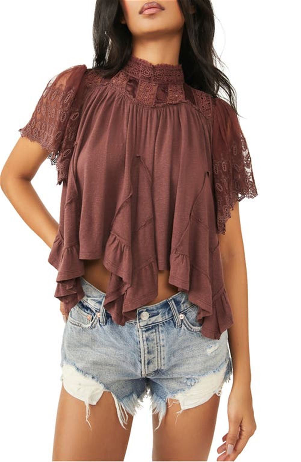 Blusa Savannah XS da Free People em Lava Chocolate com Bainha em Lenço