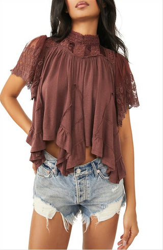 Blusa Savannah XS da Free People em Lava Chocolate com Bainha em Lenço