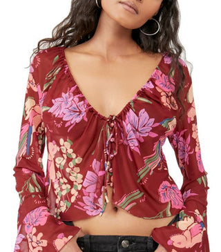 Blusa floral com manga sino e estampa de paraíso feminina Free People, rosa, tamanho pequeno