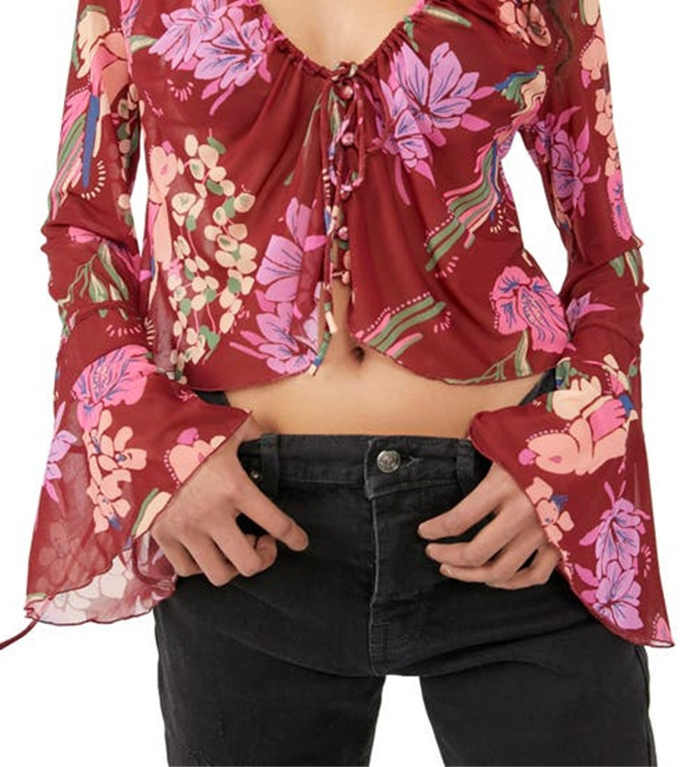Blusa floral com manga sino e estampa de paraíso feminina Free People, rosa, tamanho pequeno