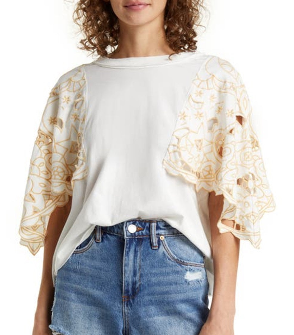 Camiseta feminina Free People Angel Bordada Manga Flutter Algodão Branca Tamanho P