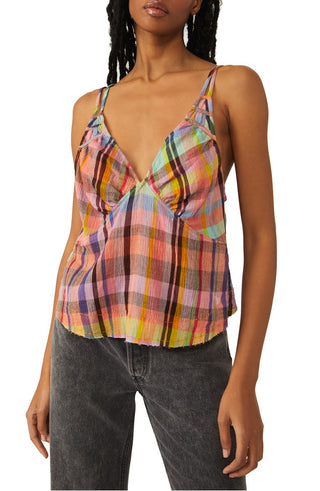 Top curto de algodão xadrez feminino Free People, rosa, tamanho grande