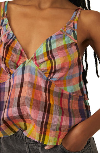 Top curto de algodão xadrez feminino Free People, rosa, tamanho grande