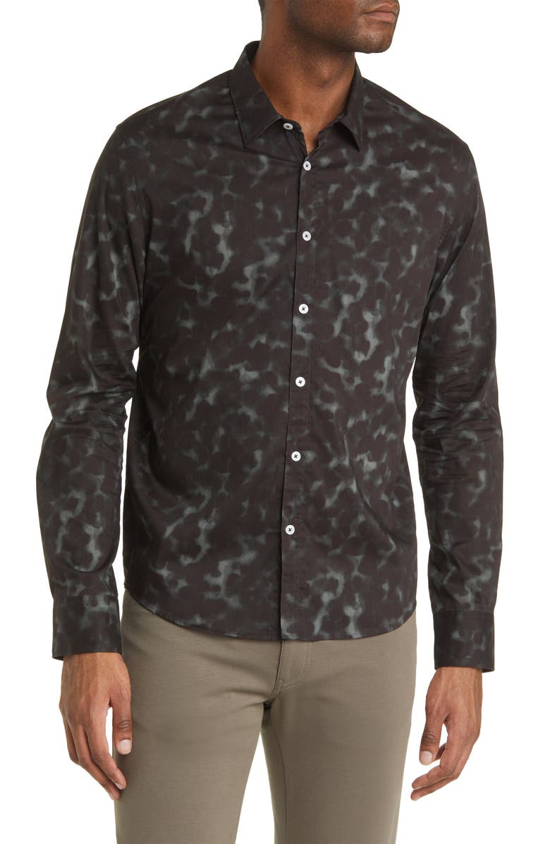 Camisa elástica masculina Good Man Brand On-Point com botões, estampa floral toscana preta, tamanho extragrande