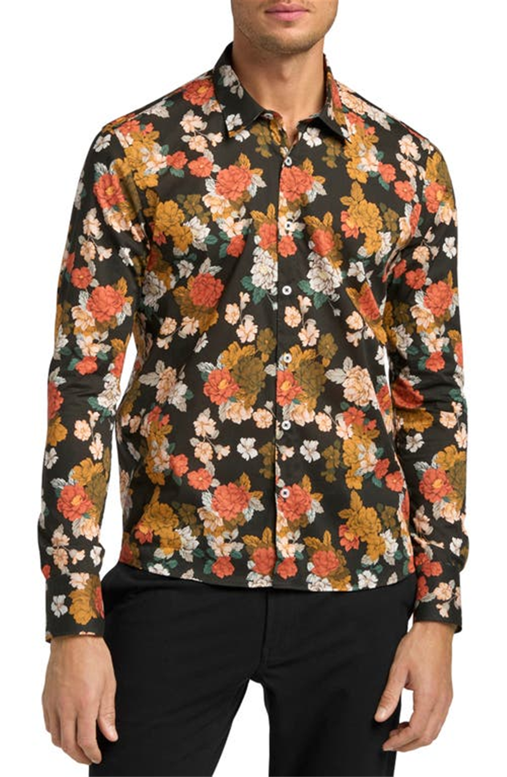 Camisa elástica masculina Good Man Brand On-Point com botões, estampa floral toscana preta, tamanho extragrande