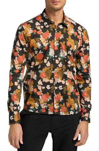 Camisa elástica masculina Good Man Brand On-Point com botões, estampa floral toscana preta, tamanho extragrande