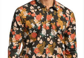 Camisa elástica masculina Good Man Brand On-Point com botões, estampa floral toscana preta, tamanho extragrande