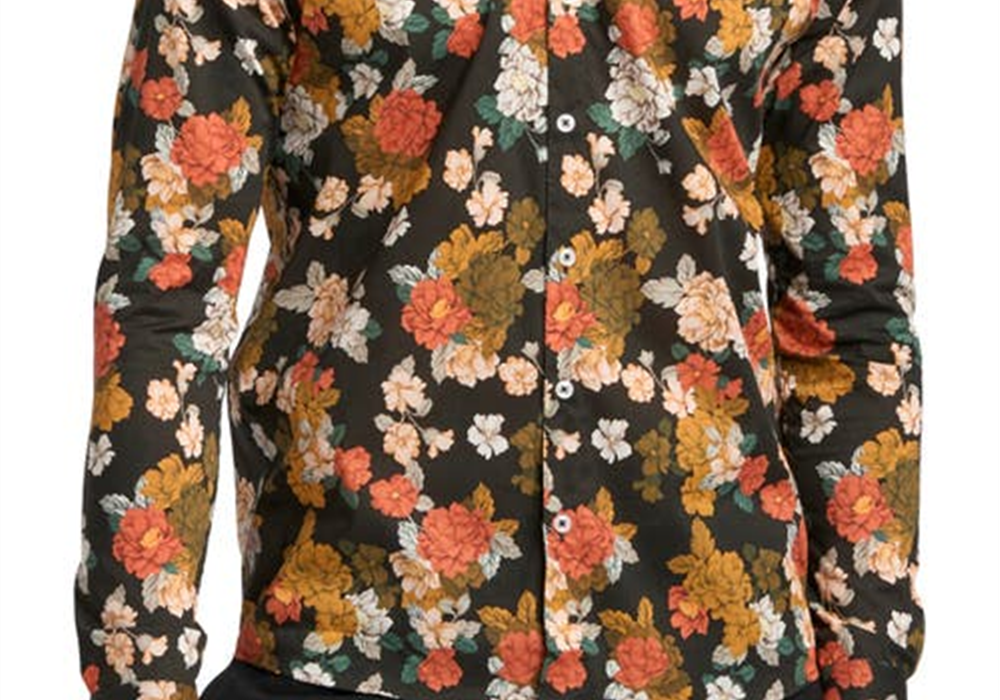 Camisa elástica masculina Good Man Brand On-Point com botões, estampa floral toscana preta, tamanho extragrande