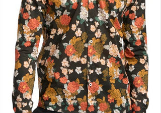 Camisa elástica masculina Good Man Brand On-Point com botões, estampa floral toscana preta, tamanho extragrande