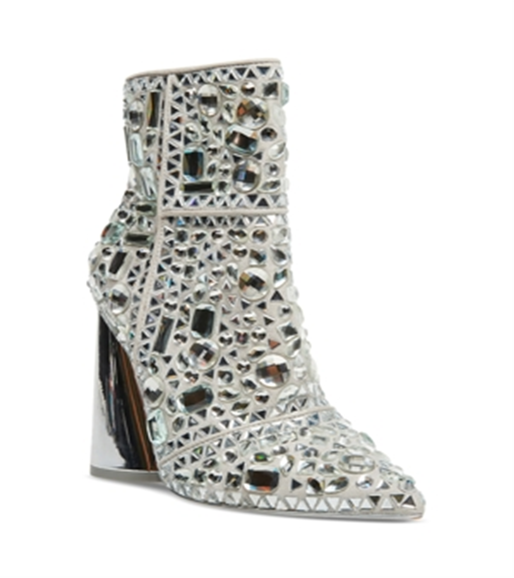 Steve Madden Vayle Feminino com Strass, Salto Carretel, Bico Fino, Botas de Cano Curto, Prateadas, Tamanho 7 M