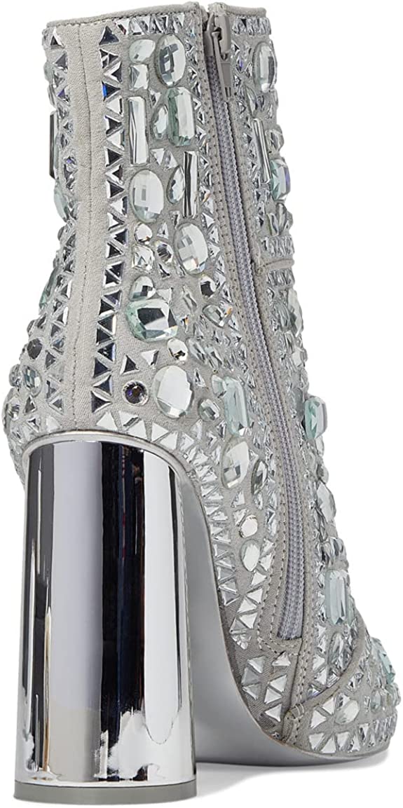 Steve Madden Vayle Feminino com Strass, Salto Carretel, Bico Fino, Botas de Cano Curto, Prateadas, Tamanho 7 M