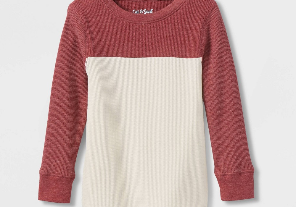 Camiseta infantil Cat &amp; Jack para meninos, gola redonda, manga comprida, tricô waffle, cor vinho, 2T