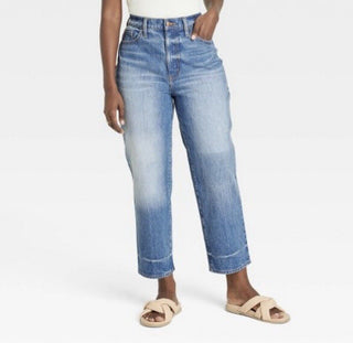 Calça jeans feminina vintage reta, cintura super alta, lavagem média, tamanho 12