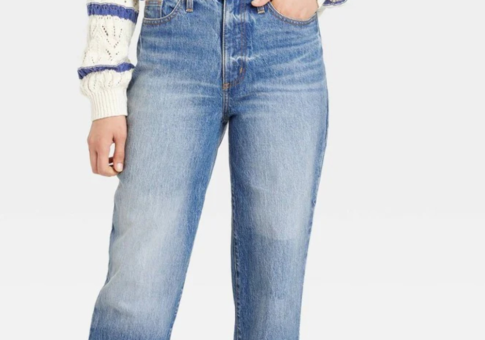 Calça jeans feminina vintage reta, cintura super alta, lavagem média, tamanho 10