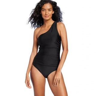Kona Sol Maiô Feminino Tummy Control Um Ombro Franzido Cobertura Total Preto Tamanho P
