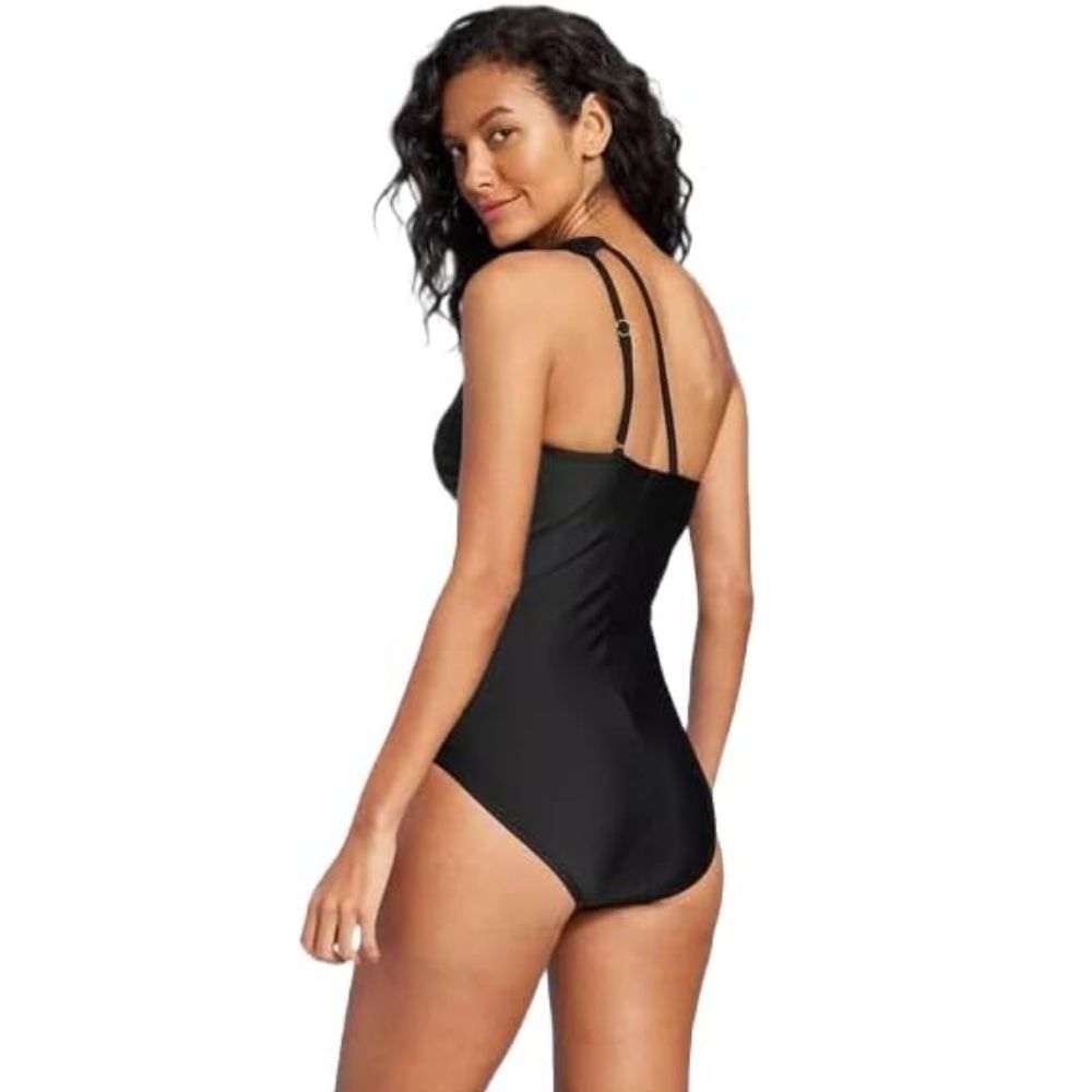 Kona Sol Maiô Feminino Tummy Control Um Ombro Franzido Cobertura Total Preto Tamanho P