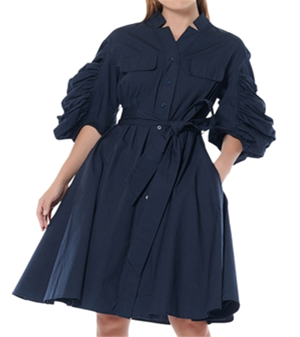 Vestido-camisa de algodão com manga franzida Gracia feminino, azul, tamanho pequeno