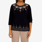 Blusa feminina Alfred Dunner com apliques florais e jugo, preta, tamanho pequeno médio