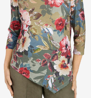 Alfred Dunner Women's Asymmetrical 3/4 Sleeve Floral Print Top Green Size Large
