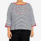 Blusa feminina Alfred Dunner Checking In com listras e bordado de coração, preta, tamanho 1X
