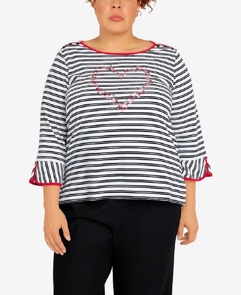 Blusa feminina Alfred Dunner Checking In com listras e bordado de coração, preta, tamanho 1X