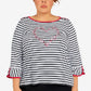 Blusa feminina Alfred Dunner Checking In com listras e bordado de coração, preta, tamanho 1X