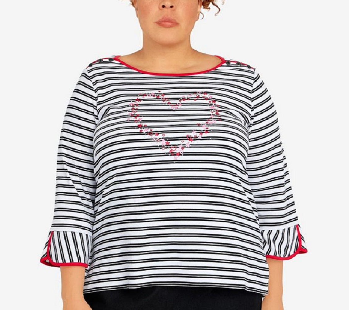 Blusa feminina Alfred Dunner Checking In com listras e bordado de coração, preta, tamanho 1X
