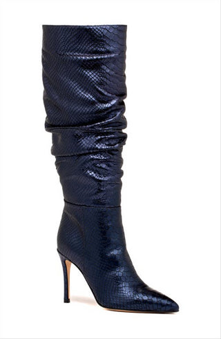 BEAUTIISOLES Pam Slouch Pointed Toe Boot in Anaconda Midnight Navy , Size 7