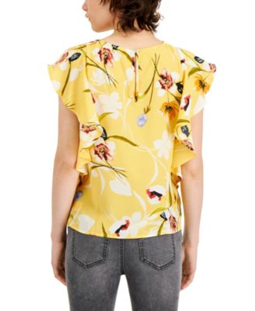 Blusa feminina estampada com babados Tinsel, amarela, tamanho pequeno grande