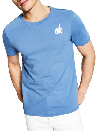 E agora esta camiseta masculina com gola redonda e estampa gráfica, azul, tamanho M