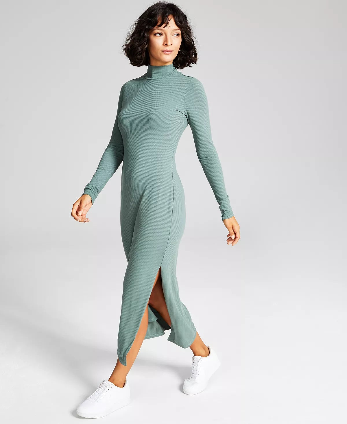 E agora este vestido midi justo com gola alta canelada para mulheres, verde, tamanho grande