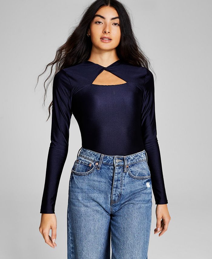 E agora este body feminino brilhante torcido manga comprida tanga azul tamanho pequeno
