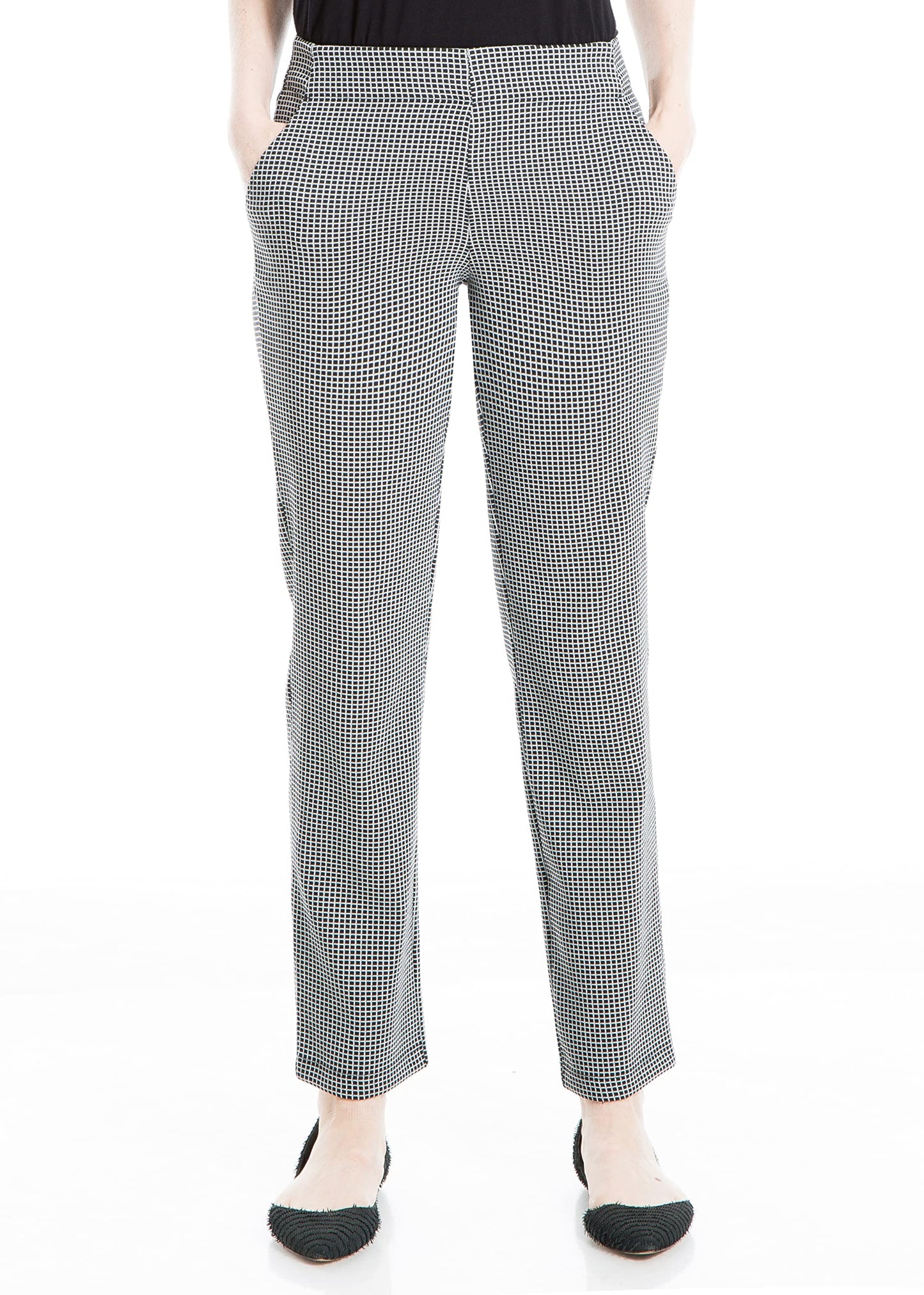 Calça feminina Max Studio preta e branca com estampa geométrica e perna reta, tamanho extrapequeno