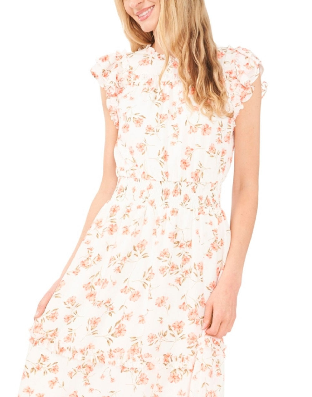 Vestido midi com babados e babados florais CeCe feminino, branco, tamanho grande