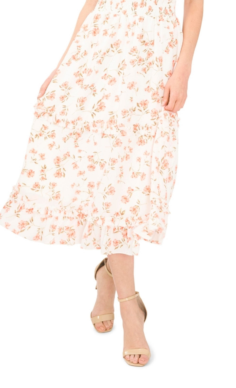 Vestido midi com babados e babados florais CeCe feminino, branco, tamanho grande