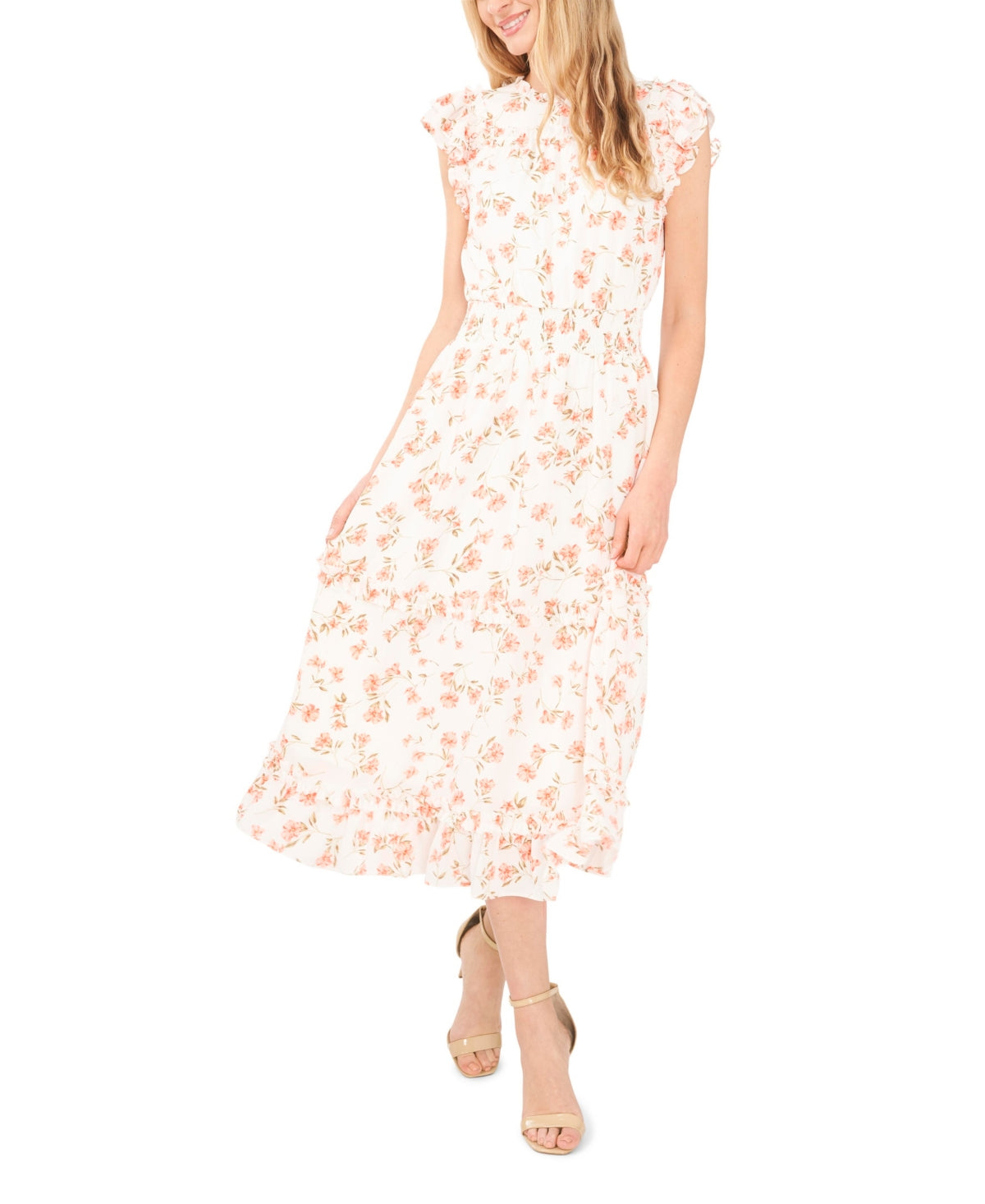 Vestido midi com babados e babados florais CeCe feminino, branco, tamanho grande
