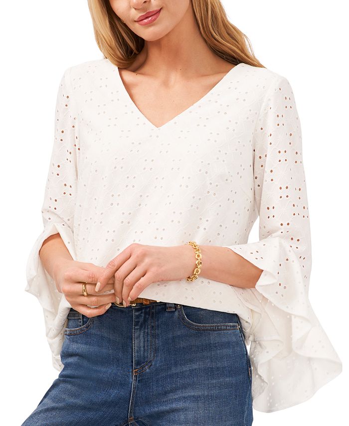Vince Camuto Blusa feminina com ilhós e manga sino, branca, tamanho médio
